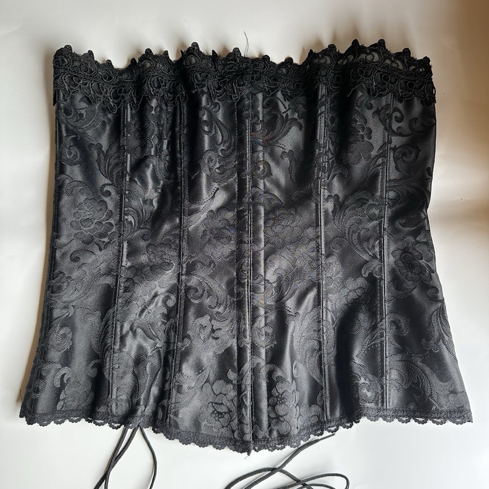 Frederick's of Hollywood Corset Women 36 Black Brocade Floral Lace Up Burlesque